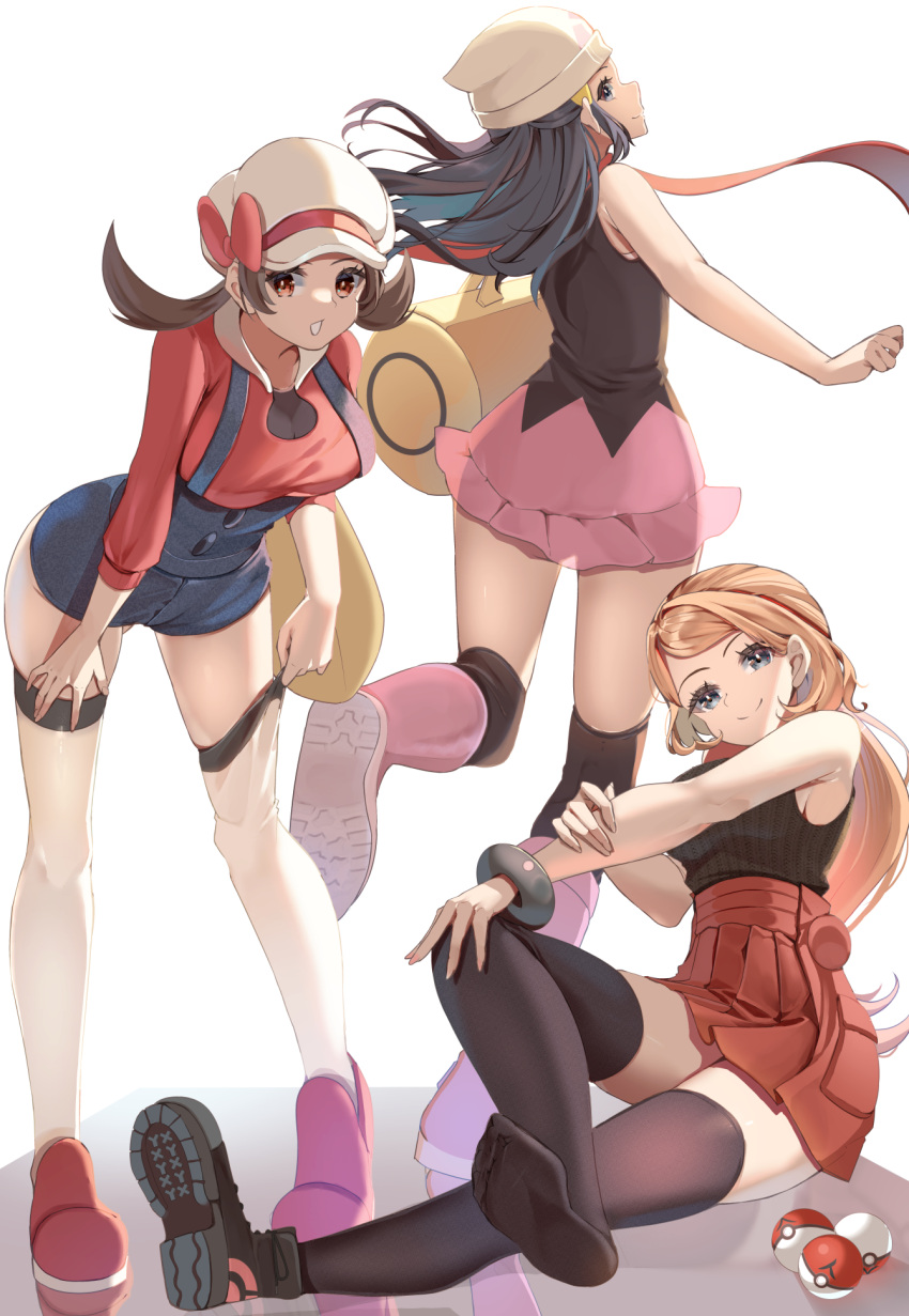 3girls, beanie, black_thighhighs, blonde_hair, blue_eyes, blue_hair, boots, bow, breasts, brown_eyes, brown_hair, cabbie_hat, eyelashes, hair_ornament, hairclip, hat, hat_bow, highres, hikari_(pokemon), long_hair, looking_at_viewer, lyra_(pokemon), momdy_(talesshinja), multiple_girls, nice_knee_socks_day, open_mouth, overalls, pink_footwear, pokemon, pokemon_dppt, pokemon_hgss, pokemon_xy, red_skirt, ribbon, scarf, serena_(pokemon), shirt, short_hair, skirt, sleeveless, sleeveless_shirt, smile, thigh-highs, twintails
