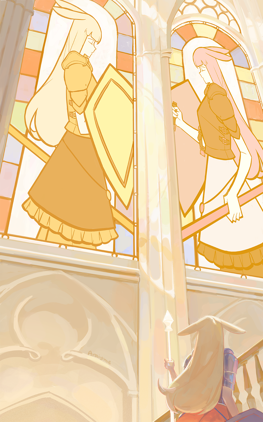 1girl, animal_ears, araiyme, armor, blonde_hair, church, commentary, defender_rabbit