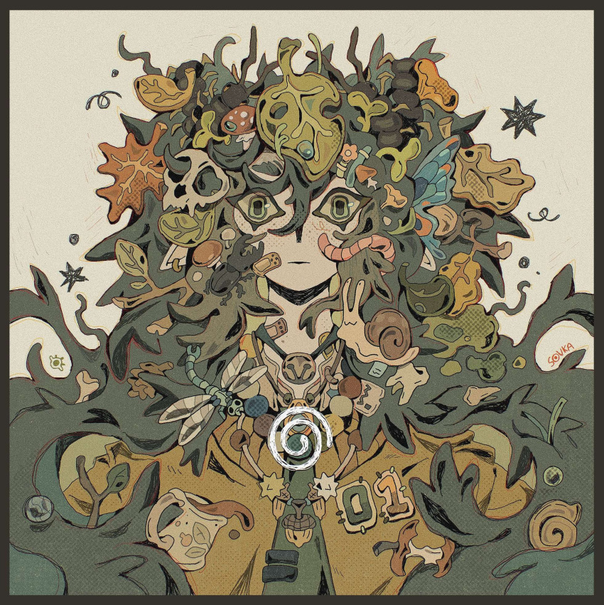 1girl, acorn, apple_core, bandaid, bone, butterfly_wings, dragonfly, hatsune_miku, leaf, monstersovka, mug, mushroom, object_on_head, skull, snail, stick, tooth, vocaloid, worm