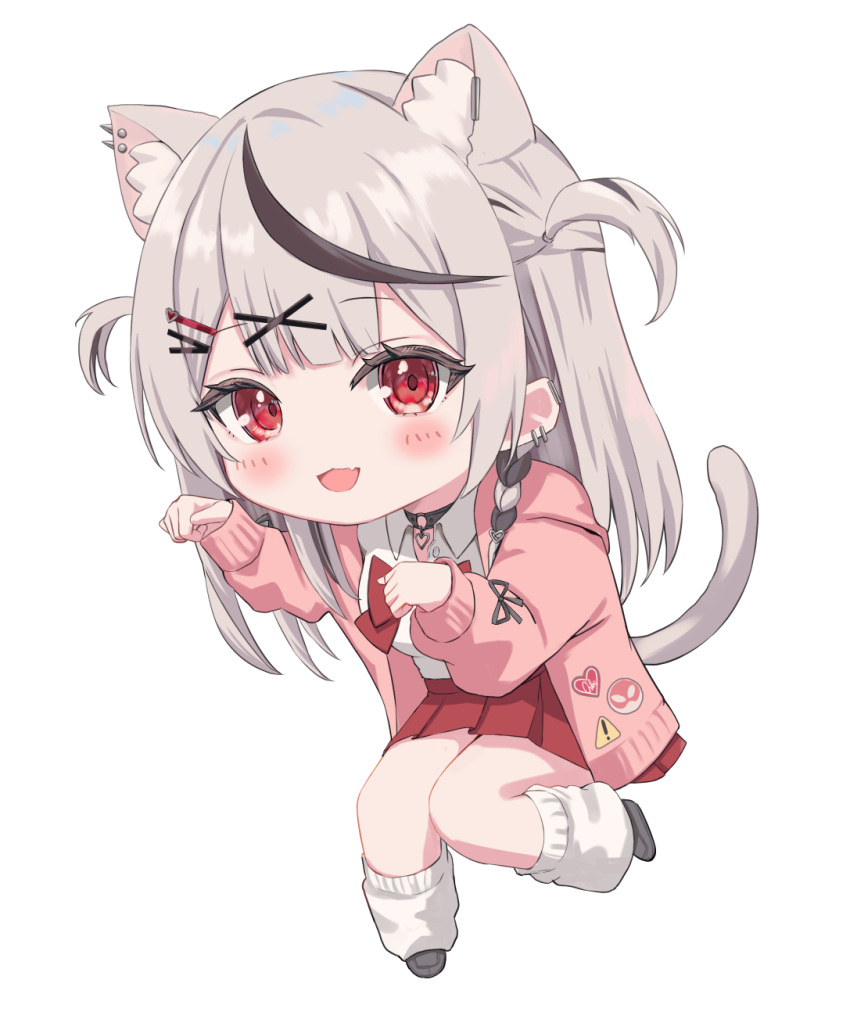 1girl, :3, animal_ears, ara1e, black_hair, bow, cardigan, cat_ears