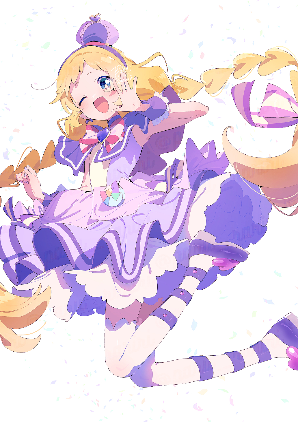 1girl, :d, ;d, \||/, blonde_hair, blue_eyes, blush, braid, commentary, cure_friendy, deerstalker, dress, foot_out_of_frame, frilled_dress, frills, hair_ribbon, hairband, hat, highres, inukai_iroha, legs_up, long_hair, looking_at_viewer, low_twin_braids, magical_girl, one_eye_closed, open_mouth, paru_rari, precure, pretty_cure, purple_dress, purple_footwear, purple_hairband, purple_hat, purple_ribbon, ribbon, shoes, signature, simple_background, sleeveless, sleeveless_dress, smile, solo, striped_ribbon, thigh-highs, twin_braids, twintails, two-tone_ribbon, very_long_hair, white_background, white_ribbon, white_thighhighs, wink, wonderful_precure!