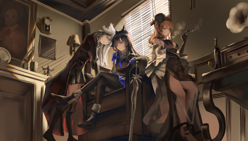 3girls, absurdres, animal_ears, arknights, black_coat, black_dress, black_footwear, black_gloves