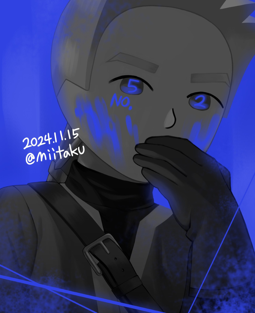 1boy, belt, blue_background, blue_eyes, covered_mouth, gloves, glowing, glowing_eyes, greyscale, highres, looking_at_viewer, mii_(nintendo), mii_swordfighter, mii_swordfighter_(smash_ultimate), miitaku, monochrome, nintendo, number_tattoo, numbered, sword, tattoo, thick_eyebrows, weapon