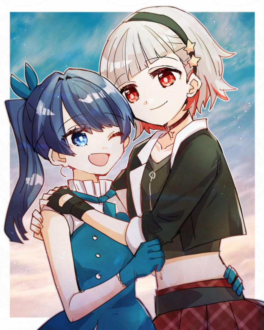 2girls, ;d, black_choker, black_gloves, black_jacket, black_shirt, blue_bow, blue_dress