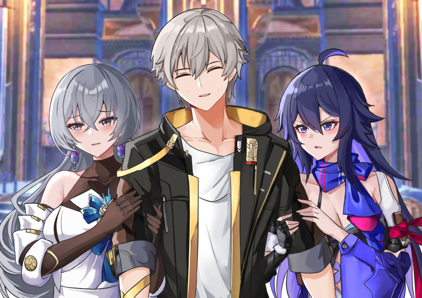 1boy, 2girls, absurdres, ahoge, bare_shoulders, black_jacket, blue_hair, blush