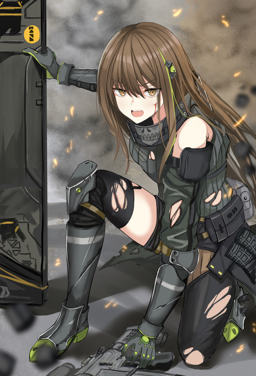 1girl, absurdres, assault_rifle, bandana, black_pantyhose, black_shorts, black_thighhighs, bleeding, blood, brown_eyes, brown_hair, commentary, cuts, detached_sleeves, girls_frontline, gloves, green_hair, green_sweater, grey_footwear, grey_gloves, gun, hair_between_eyes, highres, holding, holding_gun, holding_weapon, injury, knee_pads, koenza_botoke, long_hair, long_sidelocks, looking_at_viewer, m4_carbine, m4a1_(girls'_frontline), m4a1_(mod3)_(girls'_frontline), magazine_(weapon), mask, multicolored_hair, on_one_knee, open_mouth, pantyhose, particle_cannon_case, ribbed_sweater, rifle, short_shorts, shorts, sidelocks, single_leg_pantyhose, skull_mask, sleeveless, sleeveless_sweater, smoke, solo, streaked_hair, sweater, teeth, thigh-highs, torn_clothes, torn_pantyhose, torn_thighhighs, upper_teeth_only, very_long_hair, weapon