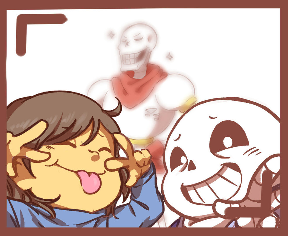 1other, 2018, 2boys, 2d, ambiguous_gender, bad_deviantart_id, bad_id, blue_jacket, blue_shorts, blurry, brothers, brown_hair, cape, child, closed_eyes, digital_media, frisk_(undertale), gloves, human, humanoid, inactive_account, jacket, looking_at_viewer, male, monster, monster_boy, papyrus_(undertale), photobomb, red_cape, red_gloves, sans_(undertale), short_hair, shorts, siblings, simple_background, sirokuro07, skeleton, sparkle, teeth, tongue, tongue_out, trio, undead, undertale, upper_body, utdr_(toby_fox), white_background