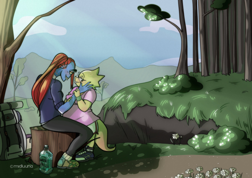 2018, 2d, 2girls, alphys, alternate_costume, anthro, artist_name, backpack, black_eyepatch, blue_skin, bottle, commission, day, digital_media, dinosaur, dinosaur_girl, duo, ear_fins, eyepatch, female, female_only, fins, fish, fish_girl, forest, glasses, head_fins, highres, lizard, lizard_girl, lizard_tail, long_hair, midluuna, monster, monster_girl, outdoors, red_hair, reptile, reptile_girl, reptile_tail, scalie, scenery, sitting, sitting_on_tree_stump, sky, sneakers, tree, tree_stump, undertale, undyne, water_bottle, yellow_skin