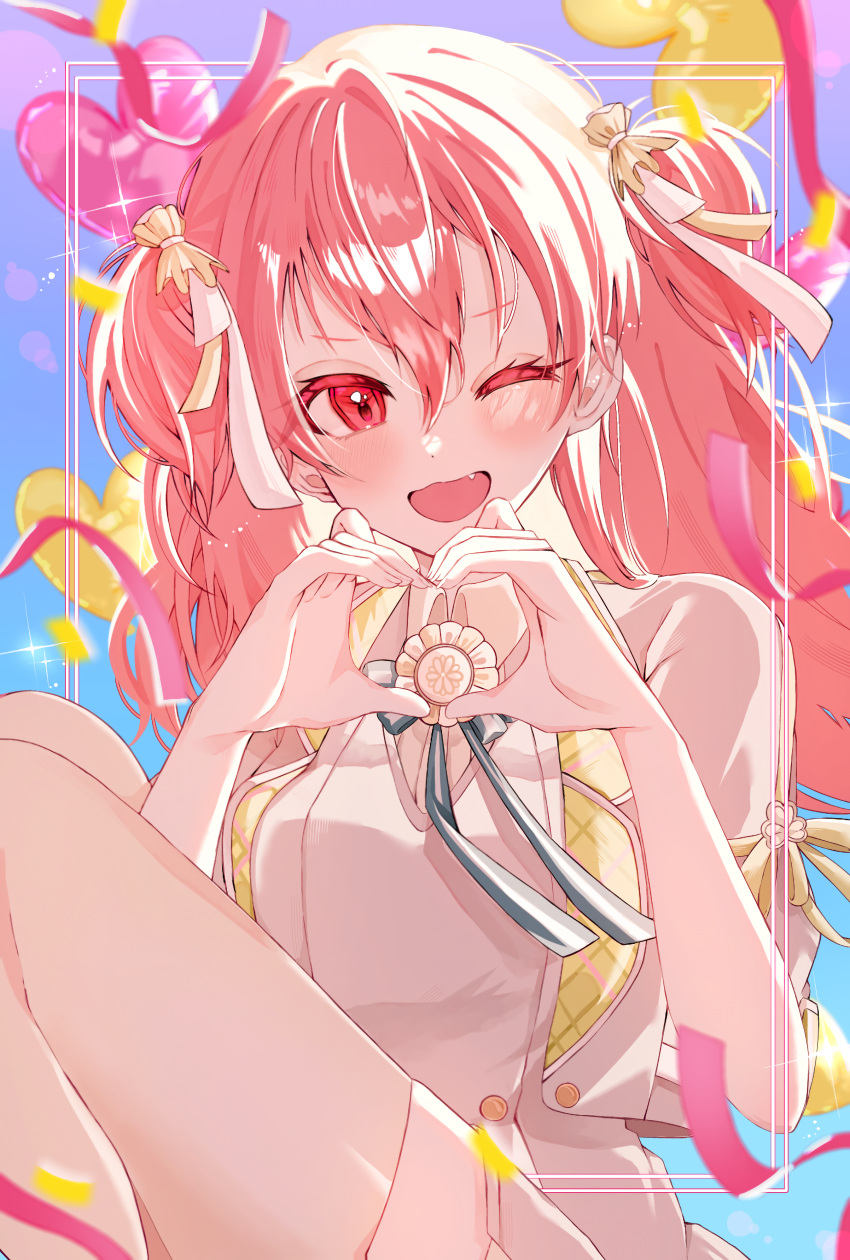 1girl, absurdres, balloon, blush, heart, heart_hands, highres, long_hair