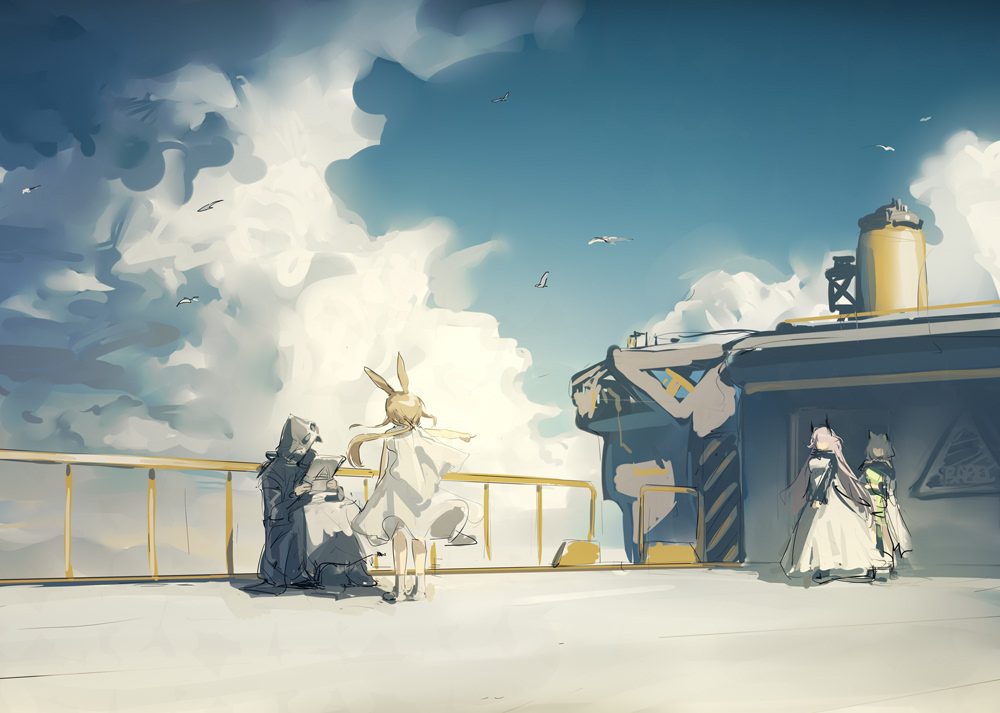amiya_(arknights), animal_ears, arknights, babel_logo_(arknights), bird, black_horns, blue_sky, cat_ears, cat_girl, clouds, doctor_(arknights), dress, green_dress, holding, hood, hood_up, hooded_coat, horns, jacket, kal'tsit_(arknights), long_hair, long_sleeves, melon22, multiple_girls, open_clothes, open_jacket, pink_hair, ponytail, rabbit_ears, rabbit_girl, seagull, sky, theresa_(arknights), white_dress