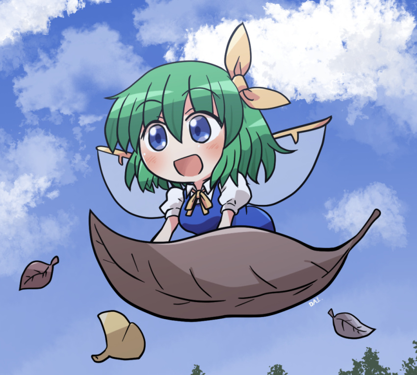 1girl, :d, all_fours, blue_dress, blue_eyes, blue_sky, blush, clouds
