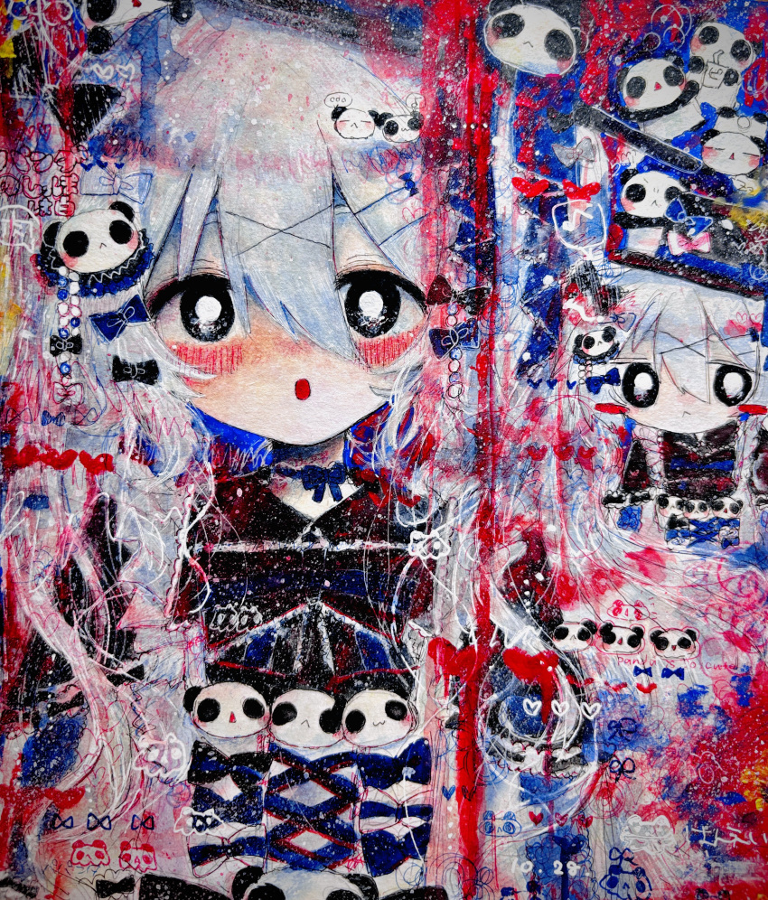 1girl, :o, absurdres, black_bow, black_eyes, blush, bow, choker