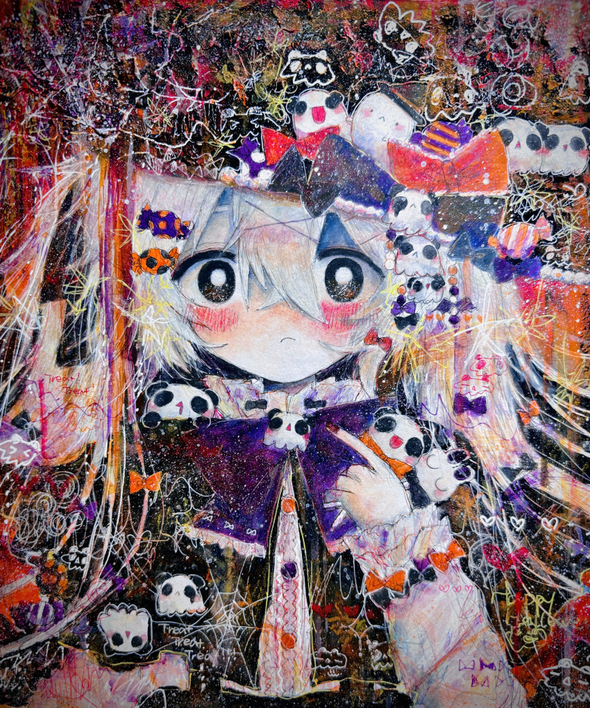 1girl, absurdres, black_eyes, blush, bow, bowtie, candy_hair_ornament, commentary