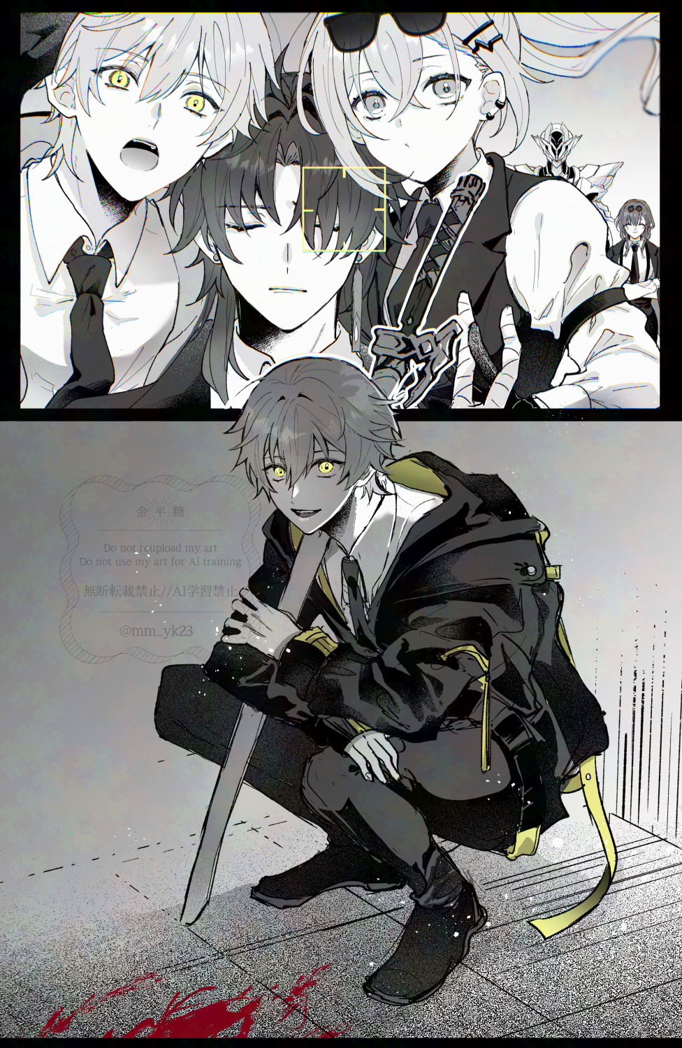 2boys, 3girls, black_coat, black_jacket, blade_(honkai:_star_rail), blood, caelus_(honkai:_star_rail), coat
