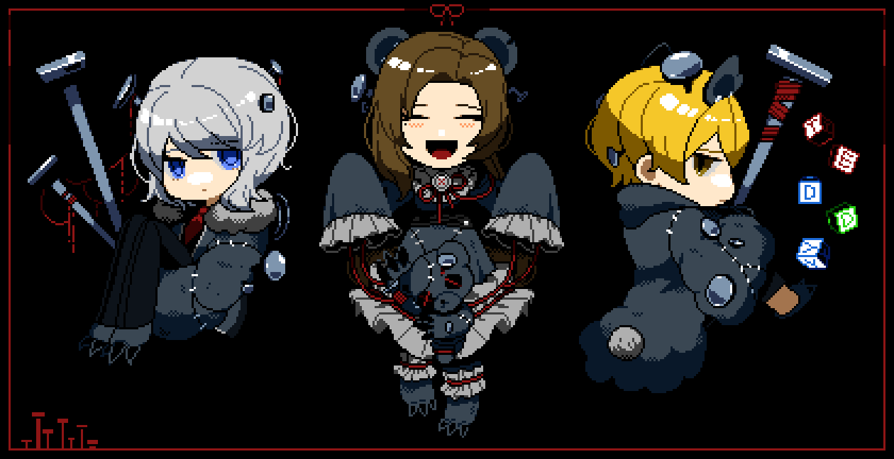 1boy, 2girls, alphabet_blocks, animal_ears, asdf1211950, bear_ears, black_coat, black_dress