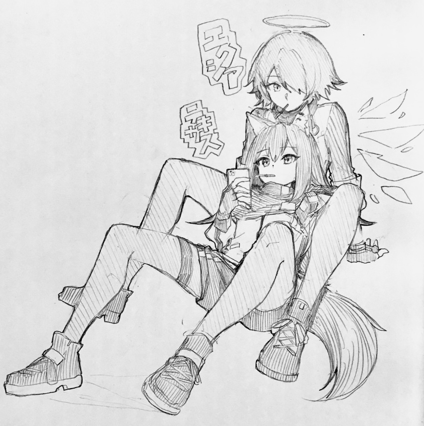 2girls, angel, animal_ear_fluff, animal_ears, arknights, cellphone, character_name, commentary_request