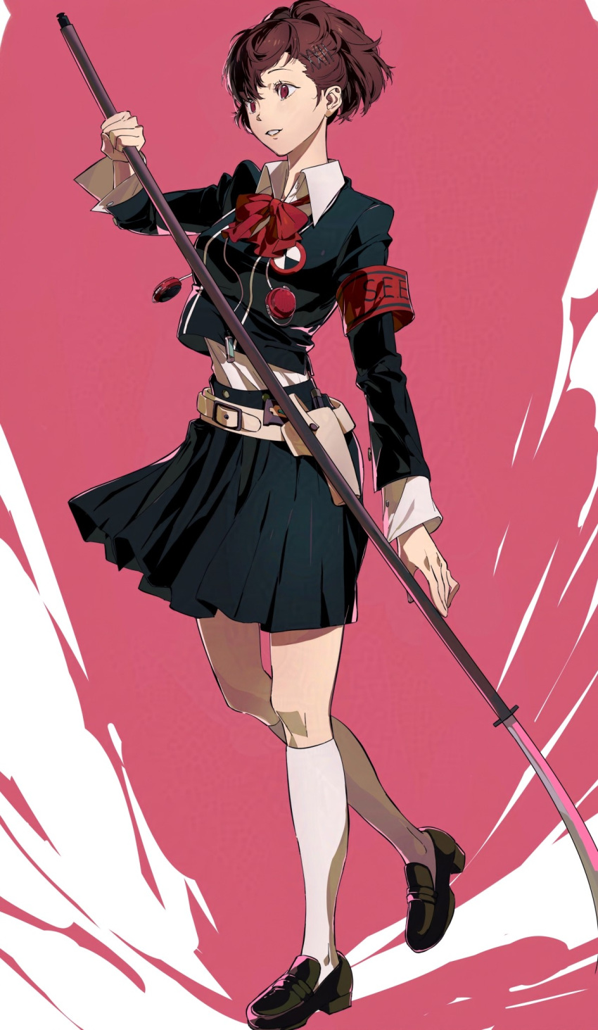 1girl, armband, black_jacket, black_skirt, bow, bowtie, brown_eyes, brown_footwear