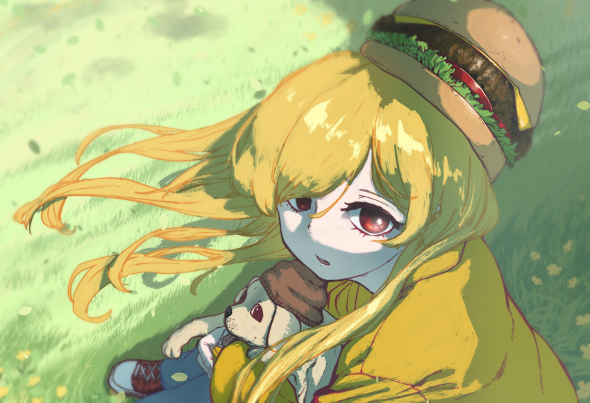 1girl, absurdres, animal, blonde_hair, burger, commentary, day, dog