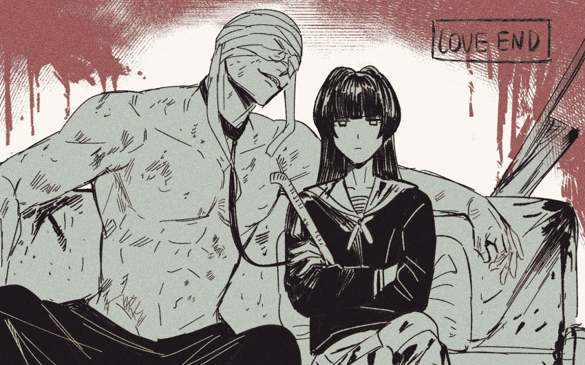 1boy, 1girl, 949805342, blood, couch, crossed_arms, expressionless, heroine_(homicipher)