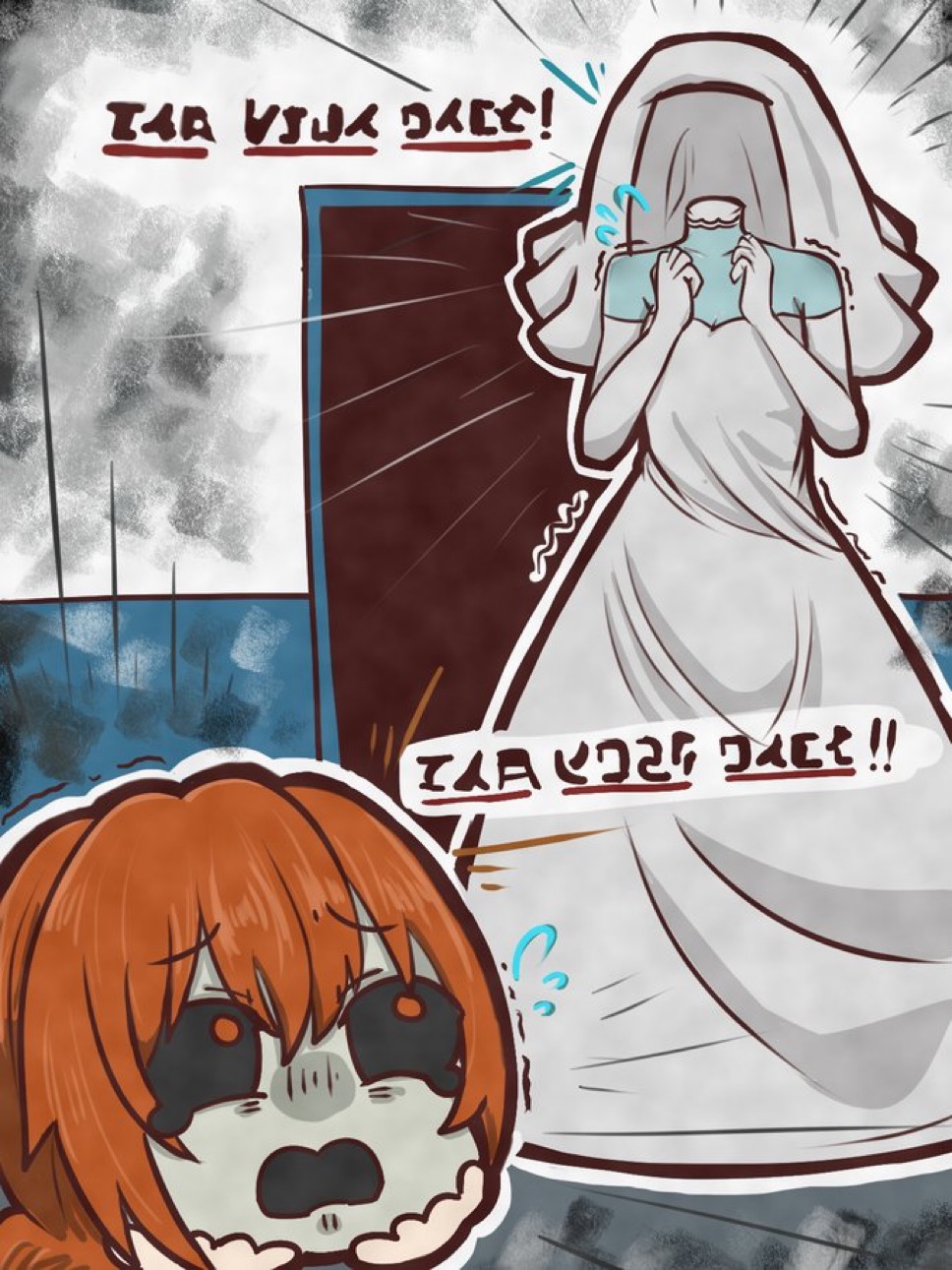 1boy, 1girl, black_sclera, blue_skin, bridal_veil, colored_sclera, colored_skin, disembodied_head
