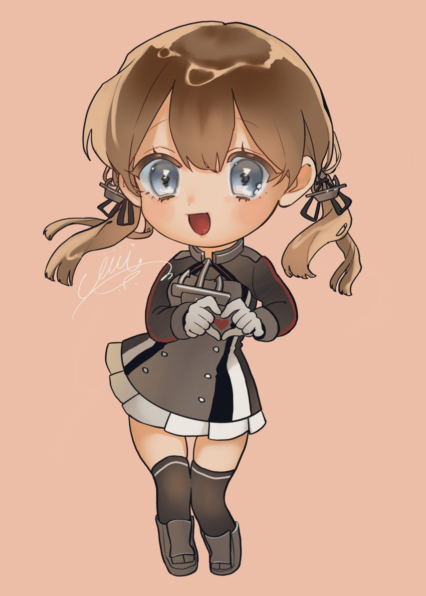 1girl, anchor_hair_ornament, brown_hair, chibi, commentary_request, gloves, grey_eyes, grey_shirt
