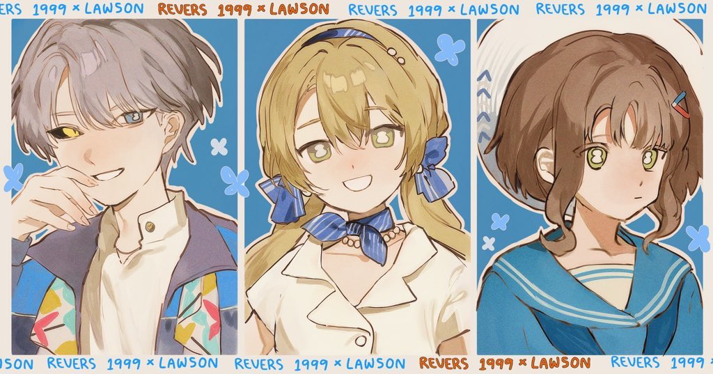 1boy, 2girls, black_sclera, blonde_hair, blue_background, blue_bow, blue_eyes, blue_flower