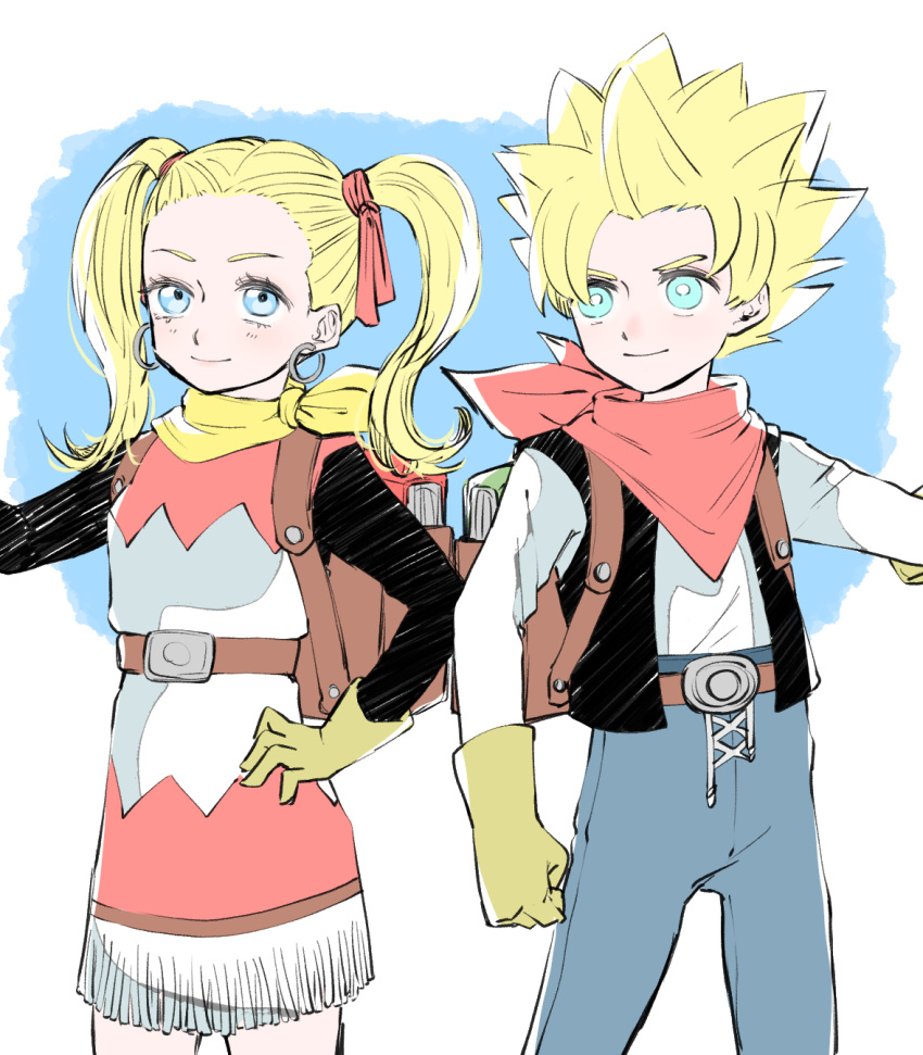1boy, 1girl, backpack, bag, belt, belt_buckle, black_sleeves, black_vest, blonde_hair, blue_eyes, boku_(user_vppr4885), bright_pupils, buckle, clenched_hand, commentary_request, dragon_quest, dragon_quest_builders_2, dress, earrings, female_builder_(dqb2), fringe_trim, gloves, hair_pulled_back, hair_ribbon, hand_on_own_hip, high-waist_pants, highres, hoop_earrings, jewelry, male_builder_(dqb2), neckerchief, pants, red_neckerchief, red_ribbon, ribbon, shirt, shirt_tucked_in, shirt_under_dress, short_hair, silver_earrings, smile, spiky_hair, twintails, vest, white_pupils, white_shirt, yellow_gloves, yellow_neckerchief