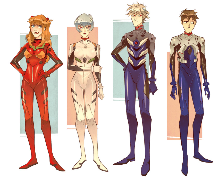 2boys, 2girls, annoyed, arm_at_side, arms_at_sides, averting_eyes, ayanami_rei, black_bodysuit