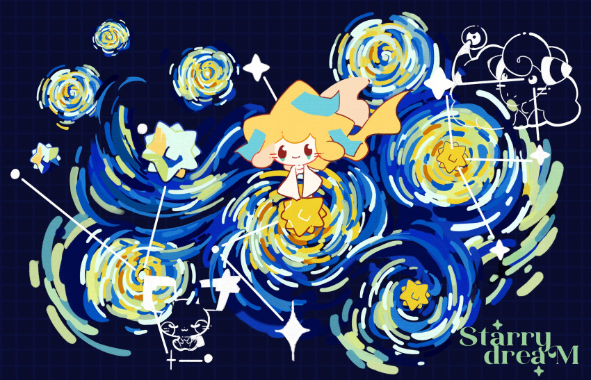 absurdres, black_eyes, blue_background, closed_mouth, colored_skin, constellation, creature_focus, facial_mark, highres, jirachi, looking_at_viewer, mareep, no_humans, pichu, pokemon, pokemon_(creature), simple_background, smile, starry_night_(van_gogh), sugahri, white_skin