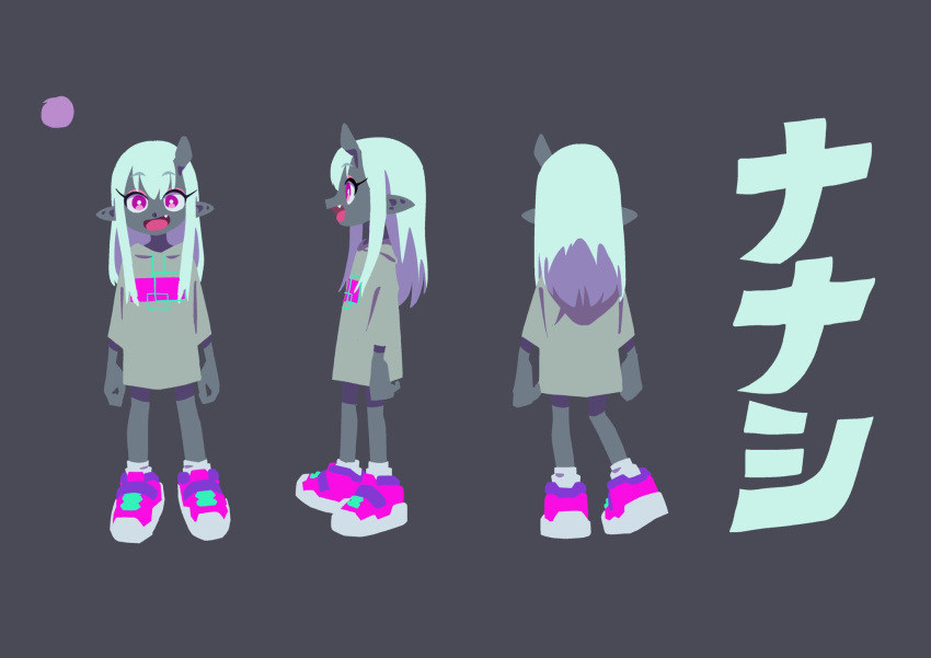 1girl, :d, arms_at_sides, character_name, colored_skin, concept_art, demon_girl, demon_horns, fang, from_behind, from_side, grey_background, grey_hoodie, grey_skin, hanabushi, highres, hood, hoodie, horns, kuraku_kuroku_(zutomayo), long_hair, multiple_views, nanashi_(zutomayo), oni, open_mouth, pink_eyes, pink_footwear, pointy_ears, reference_sheet, sidelocks, smile, socks, white_hair, white_socks, zutto_mayonaka_de_ii_no_ni