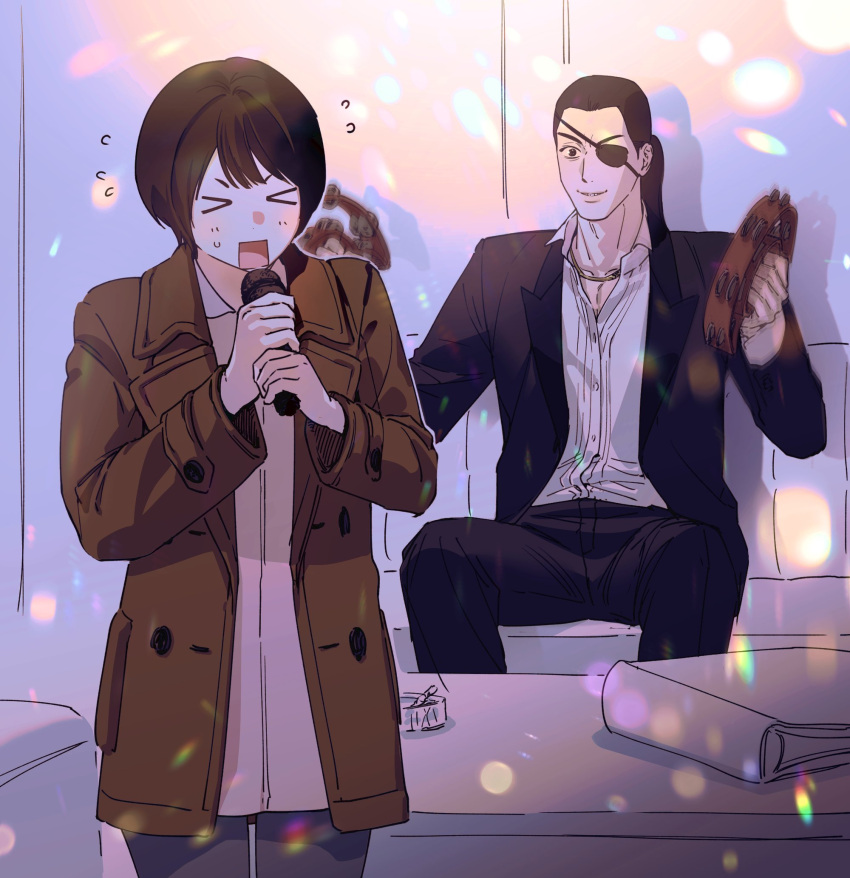 >_<, 1boy, 1girl, ashtray, black_eyes, black_pants, black_suit, blind