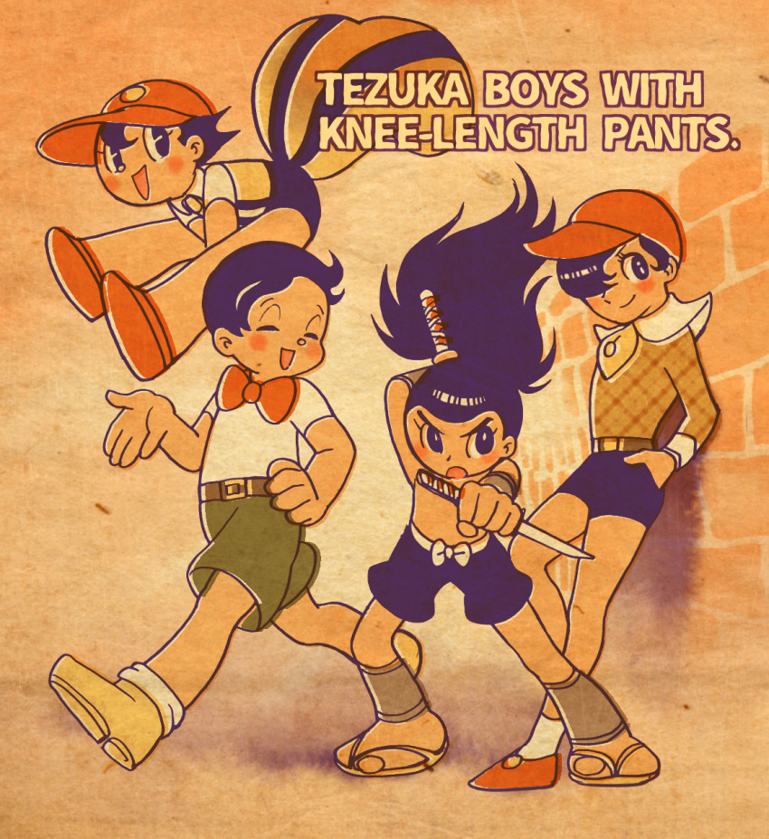 4boys, baseball_cap, belt, bow, bowtie, brown_belt, character_request, dual_wielding, english_text, green_shorts, hand_on_own_hip, hashi84e, hat, highres, holding, holding_weapon, kenichi_(tezuka_osamu), male_focus, multiple_boys, ore_wa_suratobi_da!, ponytail, red_bow, red_bowtie, ricky_(tezuka), sandals, sarutobi_sasuke_(tezuka), shirt, shorts, smile, squirrel_tail, tail, tezuka's_star_system, weapon, white_shirt, zero_man_(tezuka), zouri
