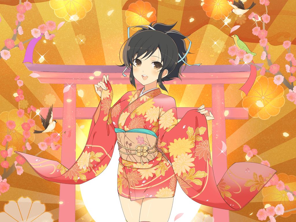 1girl, :d, asuka_(senran_kagura), bird, black_hair, blush, branch, breasts