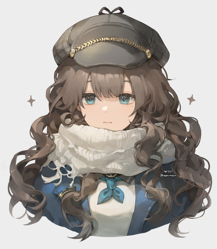 1girl, :|, blue_coat, blue_eyes, blue_neckerchief, brown_hair, cabbie_hat, closed_mouth