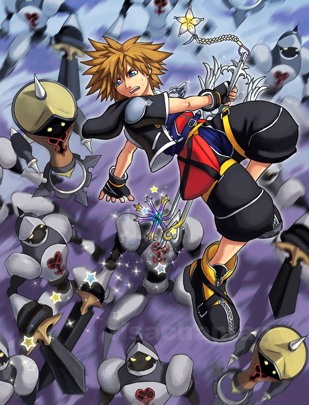 1boy, blue_eyes, brown_hair, english_commentary, fingerless_gloves, full_body, gloves, hair_between_eyes