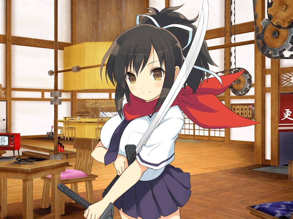 1girl, architecture, asuka_(senran_kagura), black_hair, blue_necktie, blue_skirt, blush, breast_pocket