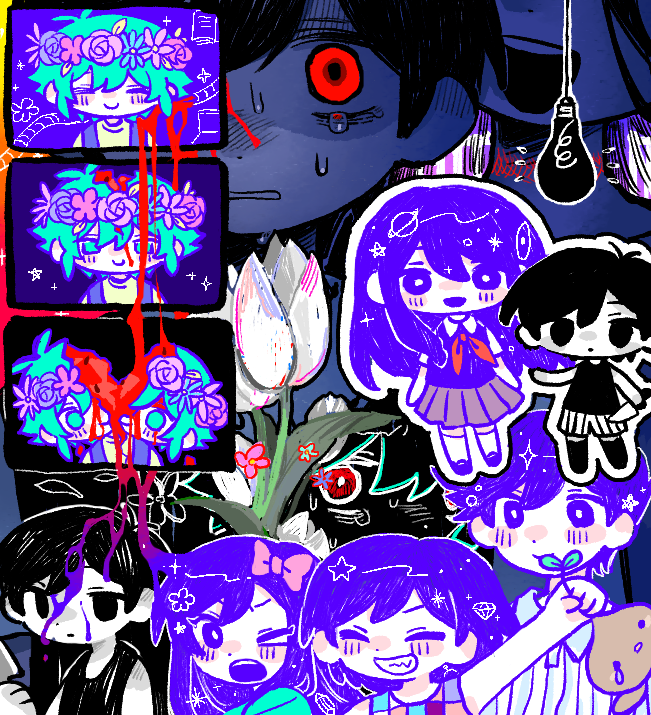 >_o, 3girls, 5boys, aubrey_(headspace)_(omori), aubrey_(omori), basil_(headspace)_(omori), basil_(omori), black_eyes, black_hair, blue_overalls, blue_shirt, bow, chibi, clenched_teeth, closed_eyes, closed_mouth, collared_shirt, colored_skin, crying, crying_with_eyes_open, expressionless, flower, green_eyes, green_hair, green_shirt, grin, hair_bow, head_wreath, hero_(headspace)_(omori), hero_(omori), kel_(headspace)_(omori), kel_(omori), long_hair, looking_at_another, mari_(faraway)_(omori), mari_(headspace)_(omori), mari_(omori), multiple_boys, multiple_girls, neckerchief, neko_kuuzo, omori, omori_(omori), one_eye_closed, open_mouth, overalls, parted_lips, pink_bow, pleated_skirt, purple_hair, purple_sweater_vest, red_eyes, red_neckerchief, shirt, short_hair, short_sleeves, shorts, skirt, smile, sprout_mole, sunny_(omori), sweater_vest, t-shirt, tears, teeth, tulip, upper_teeth_only, violet_eyes, white_shirt, white_shorts, white_skin