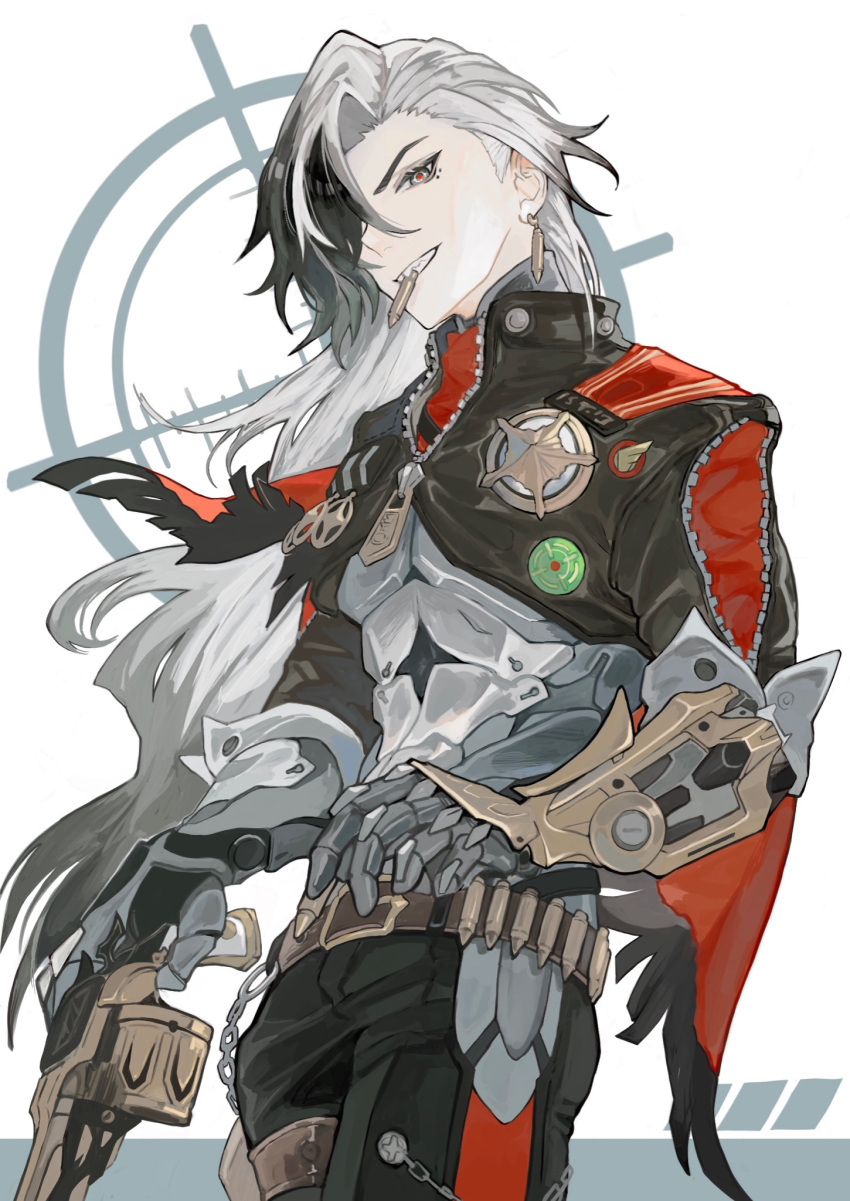 1boy, ammunition_belt, badge, belt, belt_buckle, black_eyes, black_hair, black_jacket