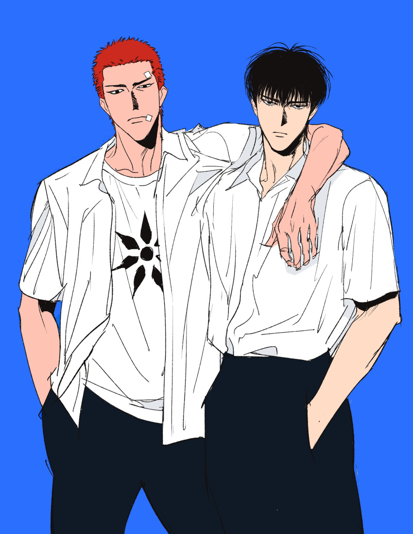2boys, absurdres, arm_around_shoulder, bandaid, bandaid_on_face, black_eyes, black_hair, black_pants