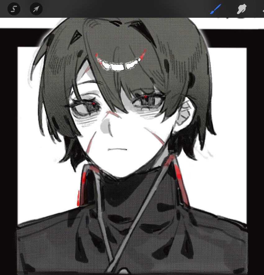 1girl, art_program_in_frame, bags_under_eyes, bngb_love, boots, buttons, closed_mouth, collared_shirt