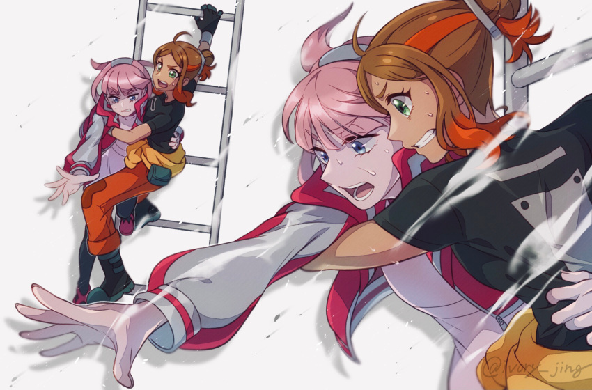 2girls, artist_name, blue_eyes, boots, brown_hair, gloves, green_eyes, highres