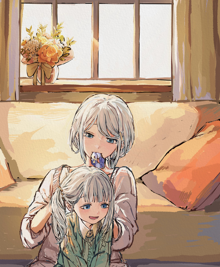2girls, absurdres, aged_down, blue_eyes, blunt_bangs, bouquet, collarbone, commentary_request