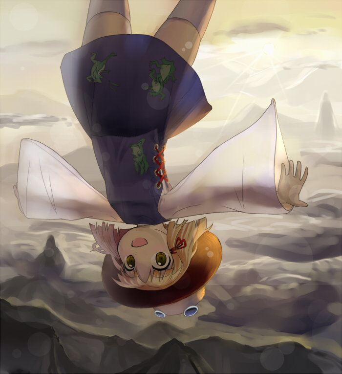 :d, bad_id, blonde_hair, falling, hat, looking_at_viewer, moriya_suwako, mountain