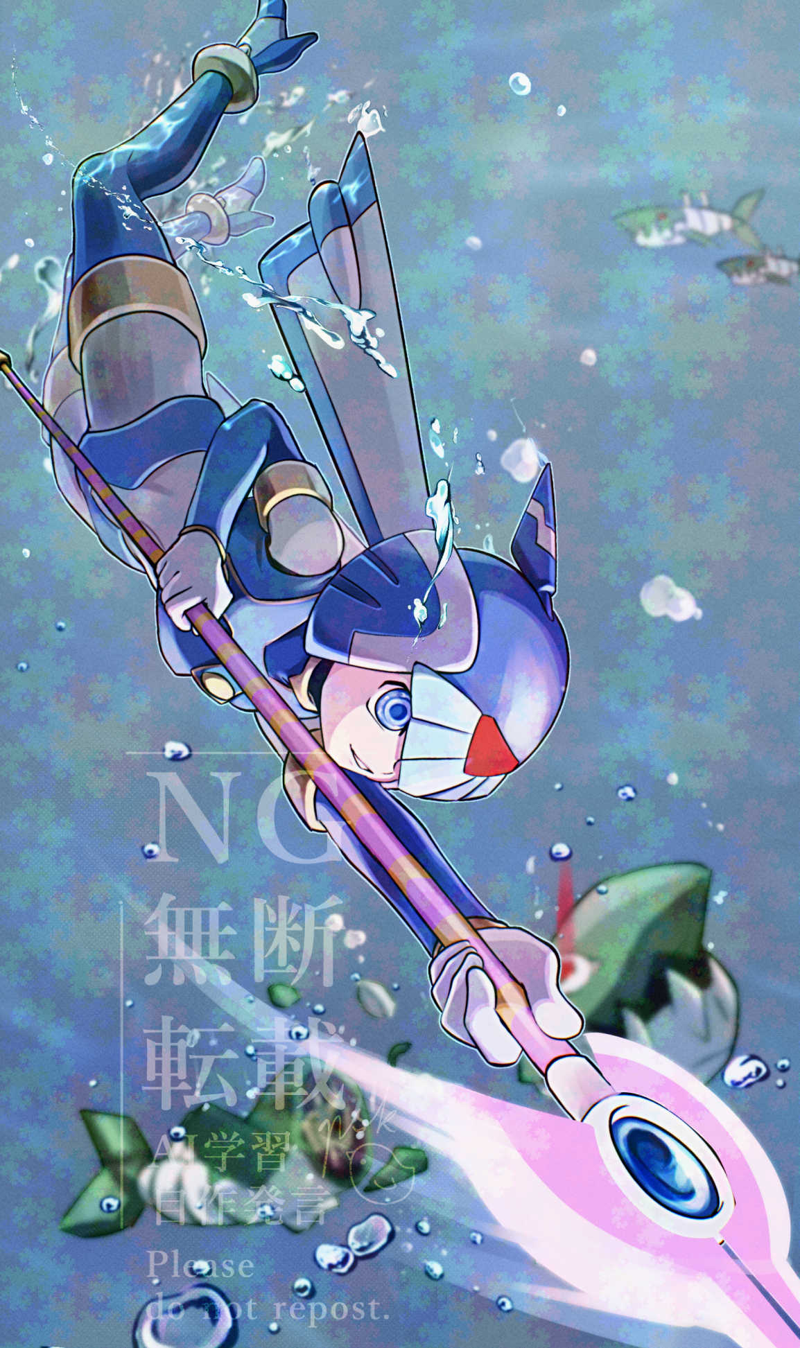 1girl, air_bubble, blue_eyes, blue_helmet, bubble, dwn0001130, fairy_leviathan_(mega_man), fins