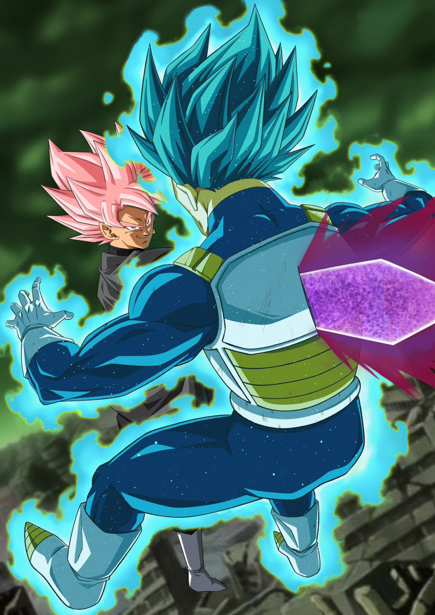 2boys, armor, black_shirt, blue_hair, blue_pants, blue_shirt, city, damaged