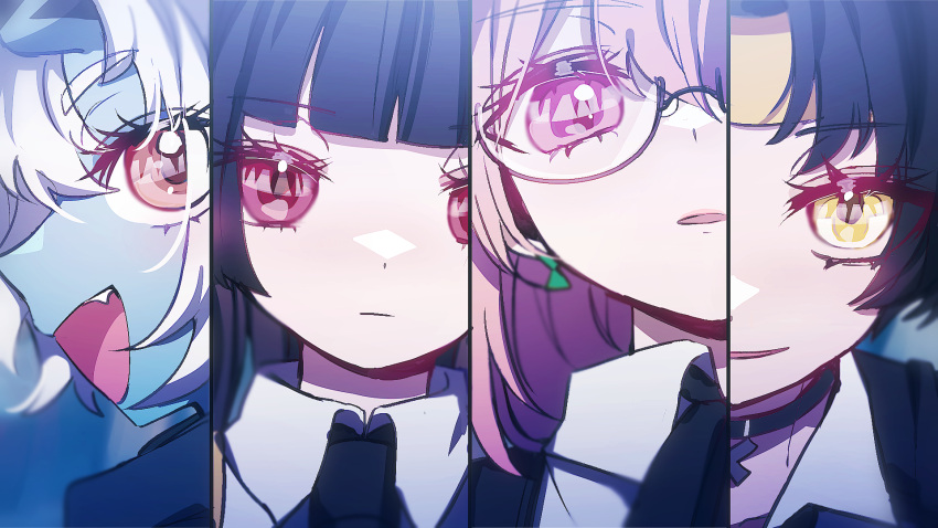04_fujino9, 1boy, 3girls, asaba_harumasa, black_hair, blue_skin, blunt_bangs, close-up