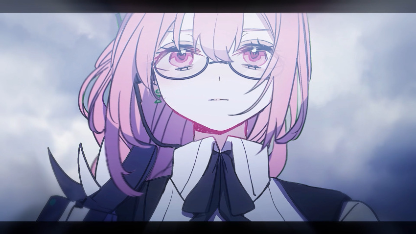 04_fujino9, 1girl, clouds, cloudy_sky, earrings, expressionless, glasses, hair_between_eyes