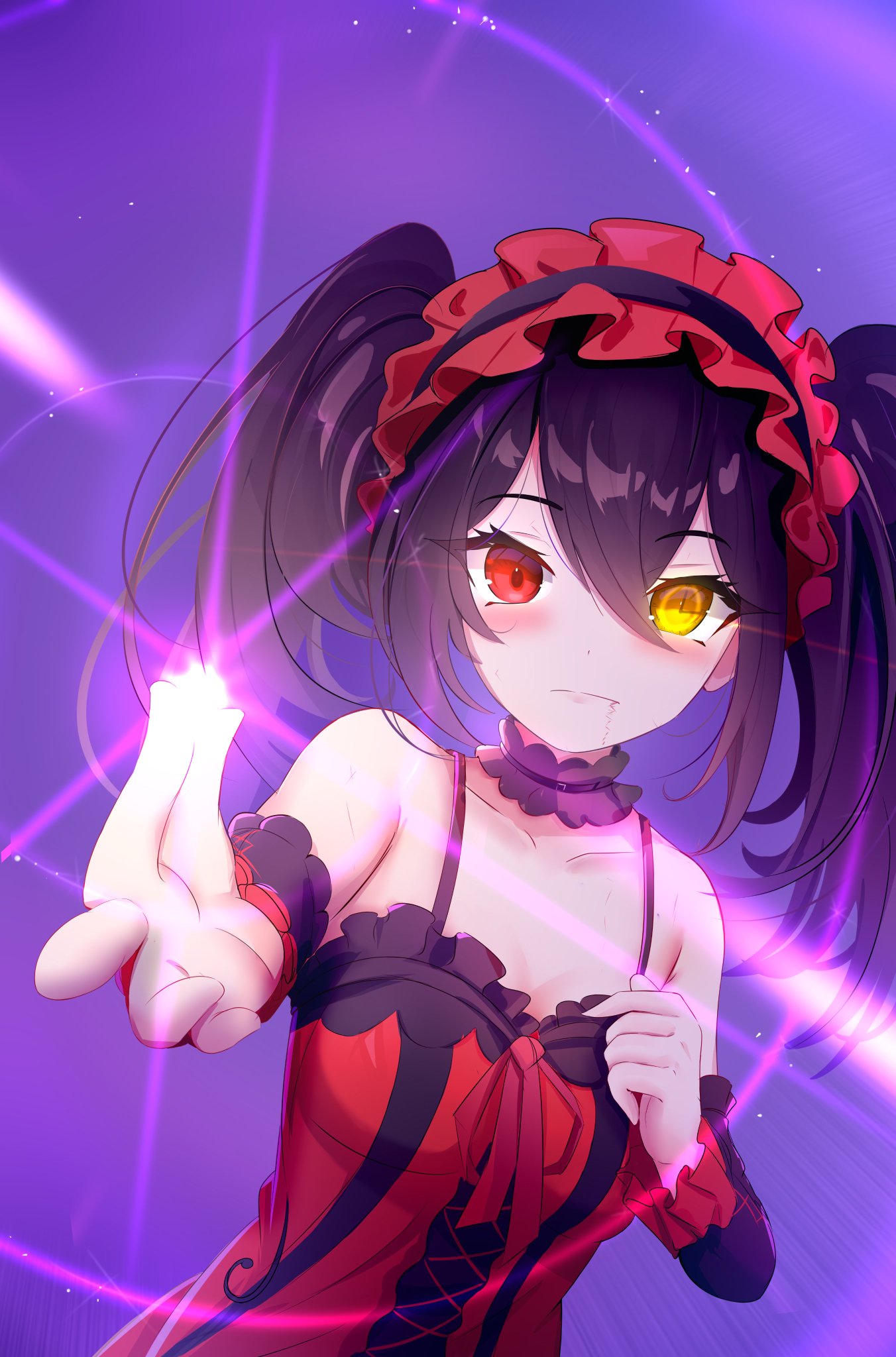 1girl, bare_shoulders, black_hair, breasts, clock_eyes, commentary, date_a_live, dress