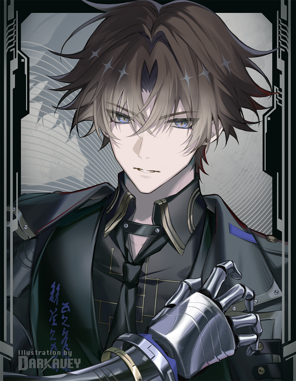 1boy, alternate_costume, artist_name, black_jacket, black_necktie, black_shirt, blue_eyes, brown_hair