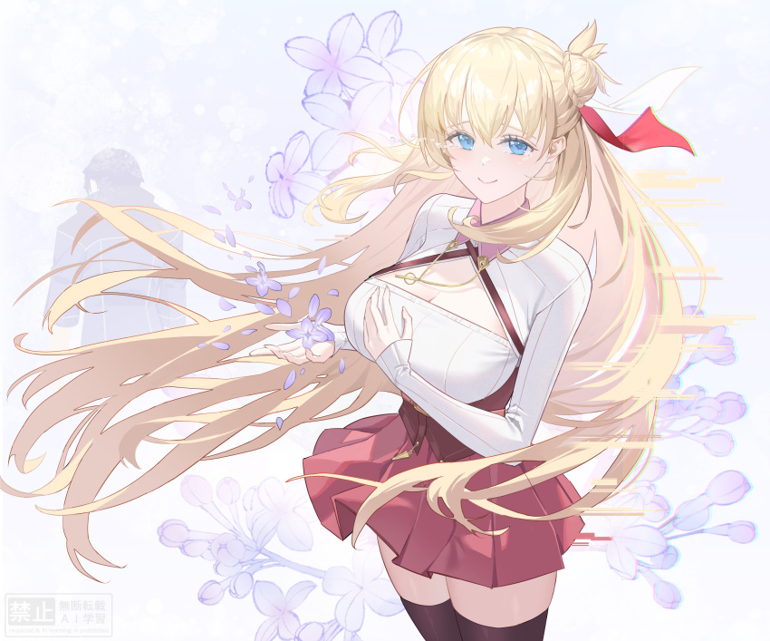 1girl, absurdres, agnes_claudel, blonde_hair, blue_eyes, breasts, bun_with_braided_base, cleavage_cutout